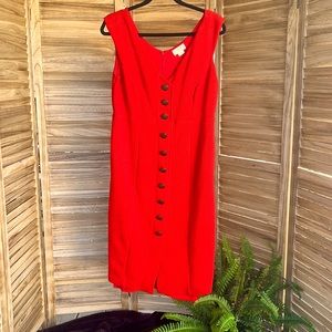 (l) Maeve vermilion red midi dress with metal buttons sleeveless v-neck